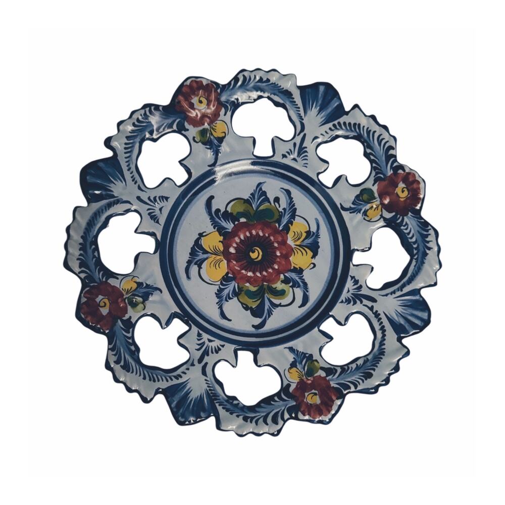 Vintage Blue Hsnd Painted Alcobaca Floral Pierced Plate